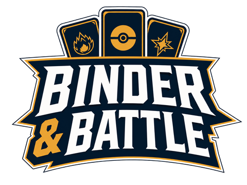 A stylized graphic logo reading 'BINDER & BATTLE' in large white letters with dark navy and gold outlines, plus three small icon panels above showing a flame, a Pokéball-style emblem, and a star on a white background.